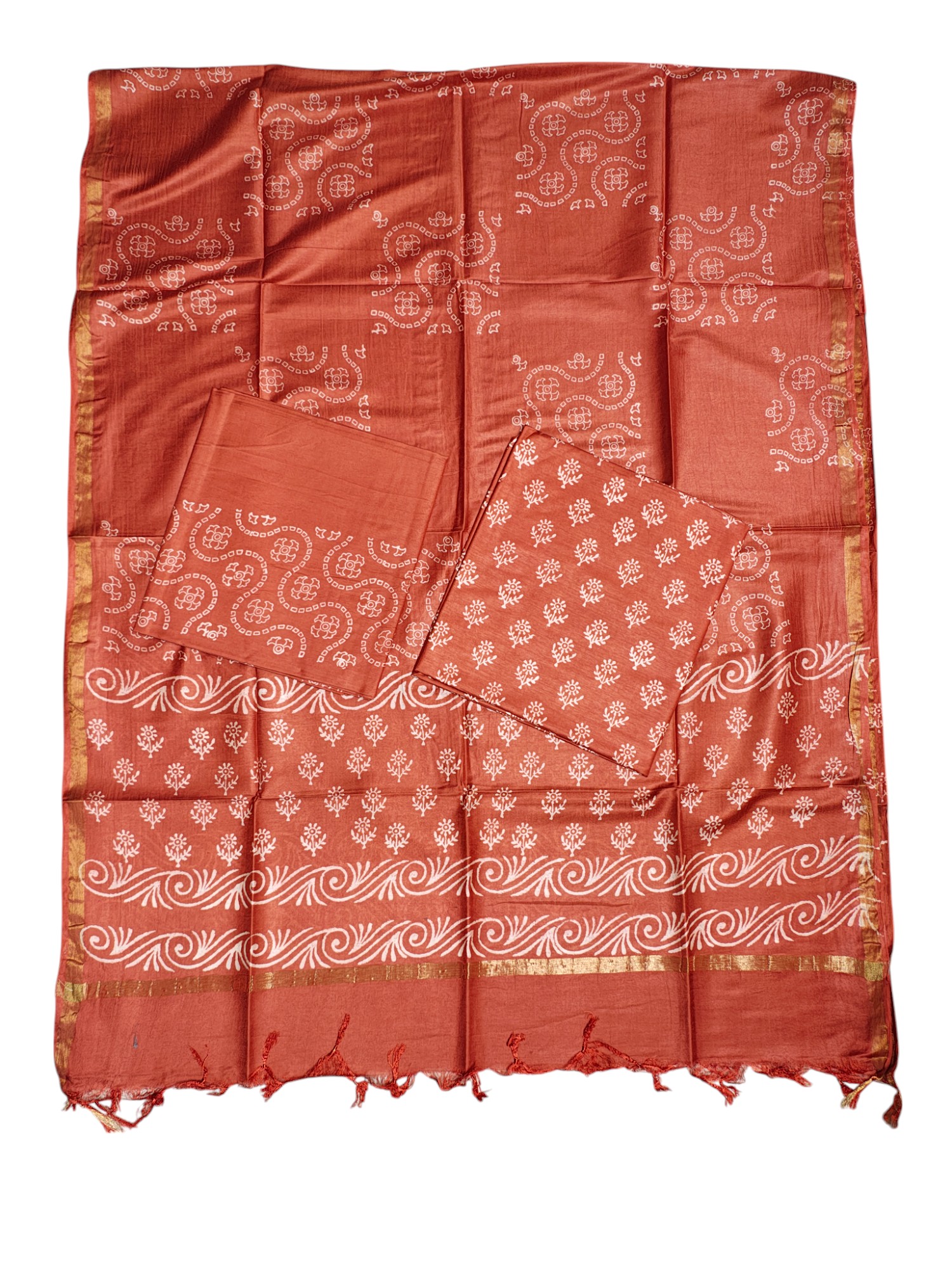 Orange Unstitched Block Print Silk Salwar Suit Dress Material with Dupatta