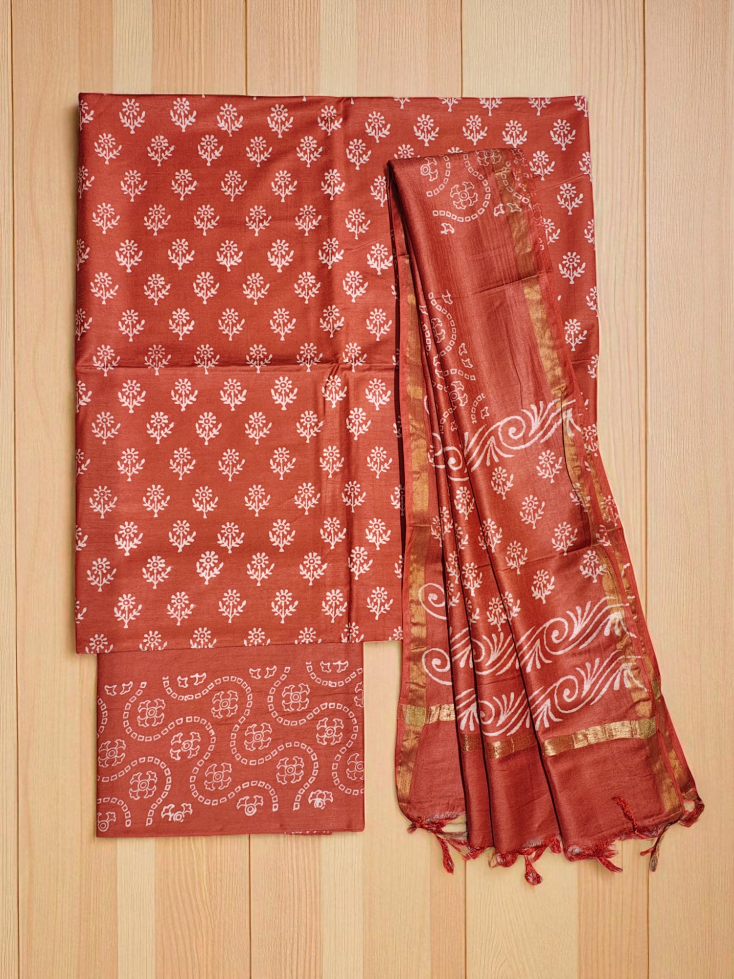Orange Unstitched Block Print Silk Salwar Suit Dress Material with Dupatta