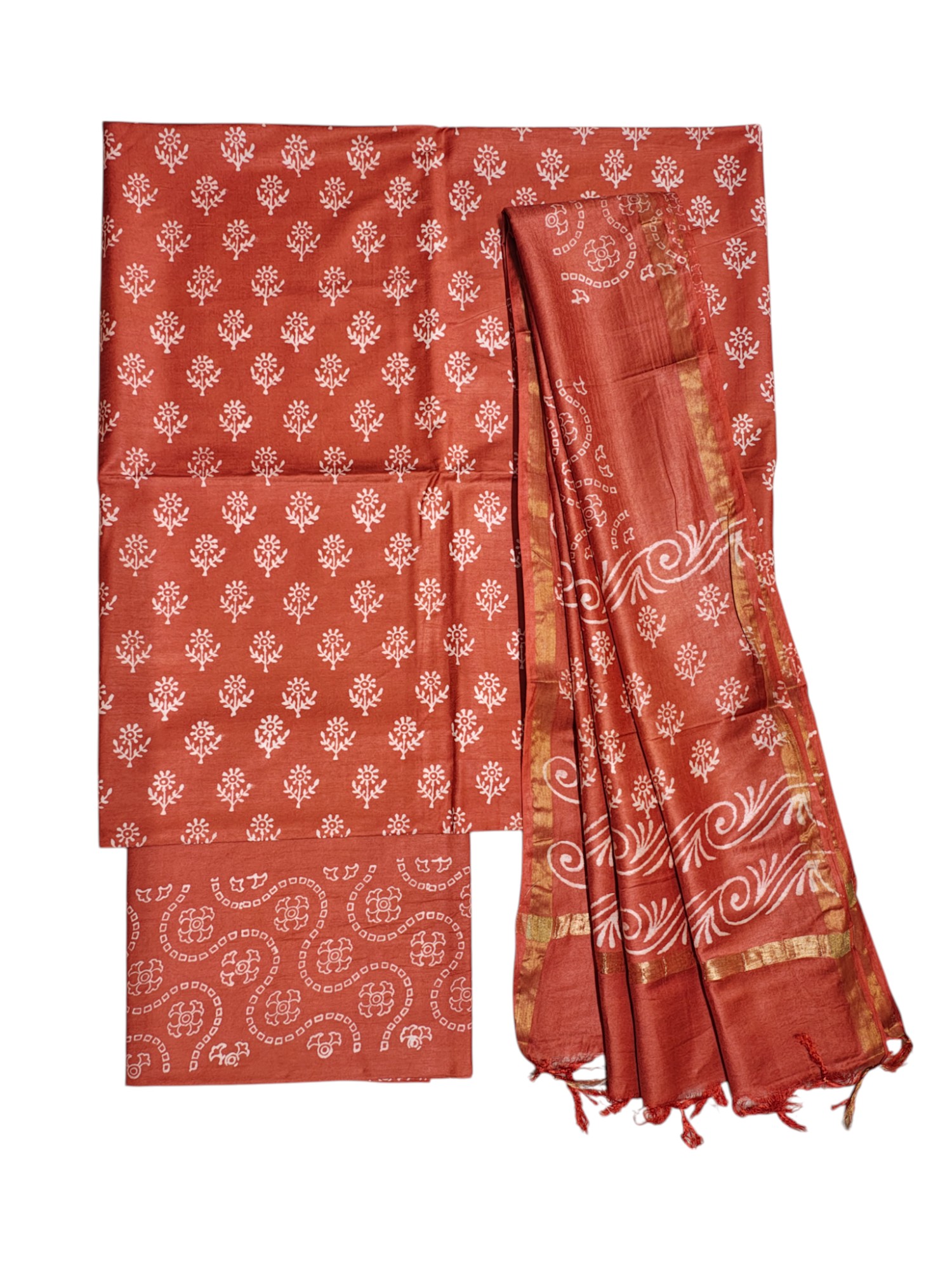 Orange Unstitched Block Print Silk Salwar Suit Dress Material with Dupatta