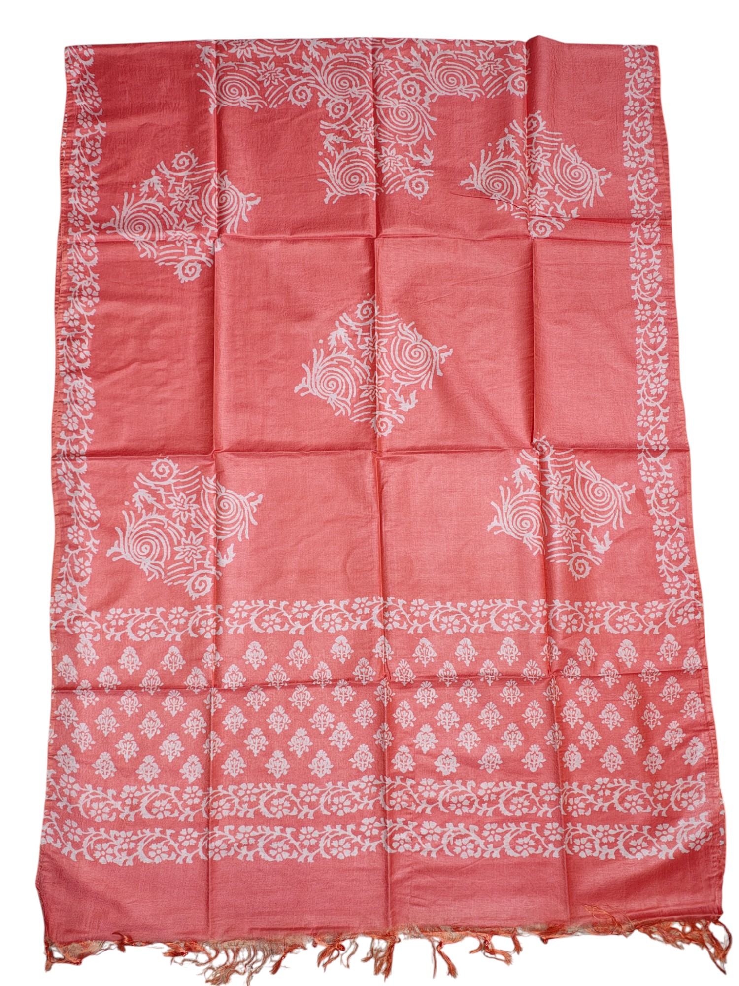 Peach Block Print Silk Dress Material with Dupatta