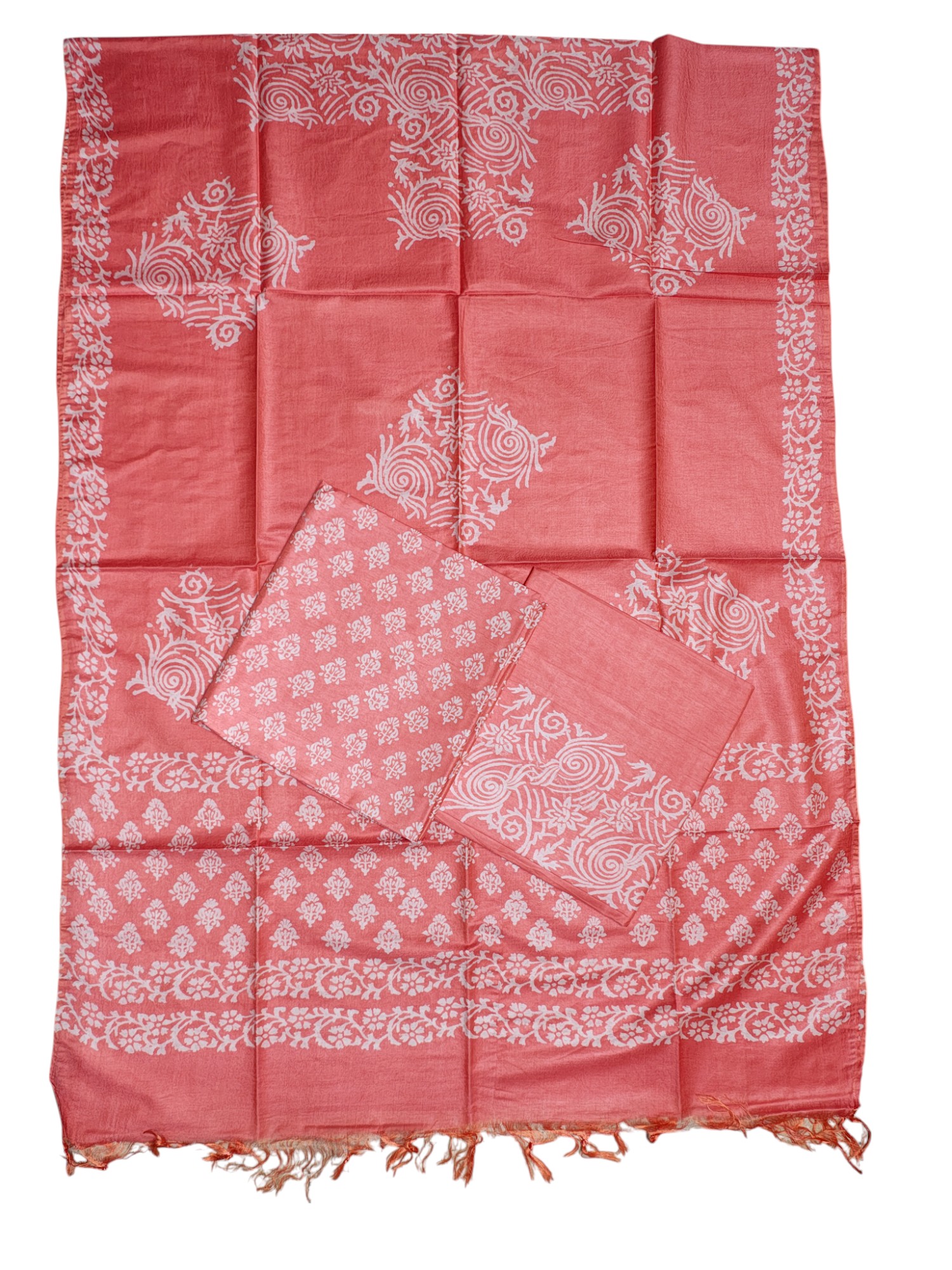 Peach Block Print Silk Dress Material with Dupatta
