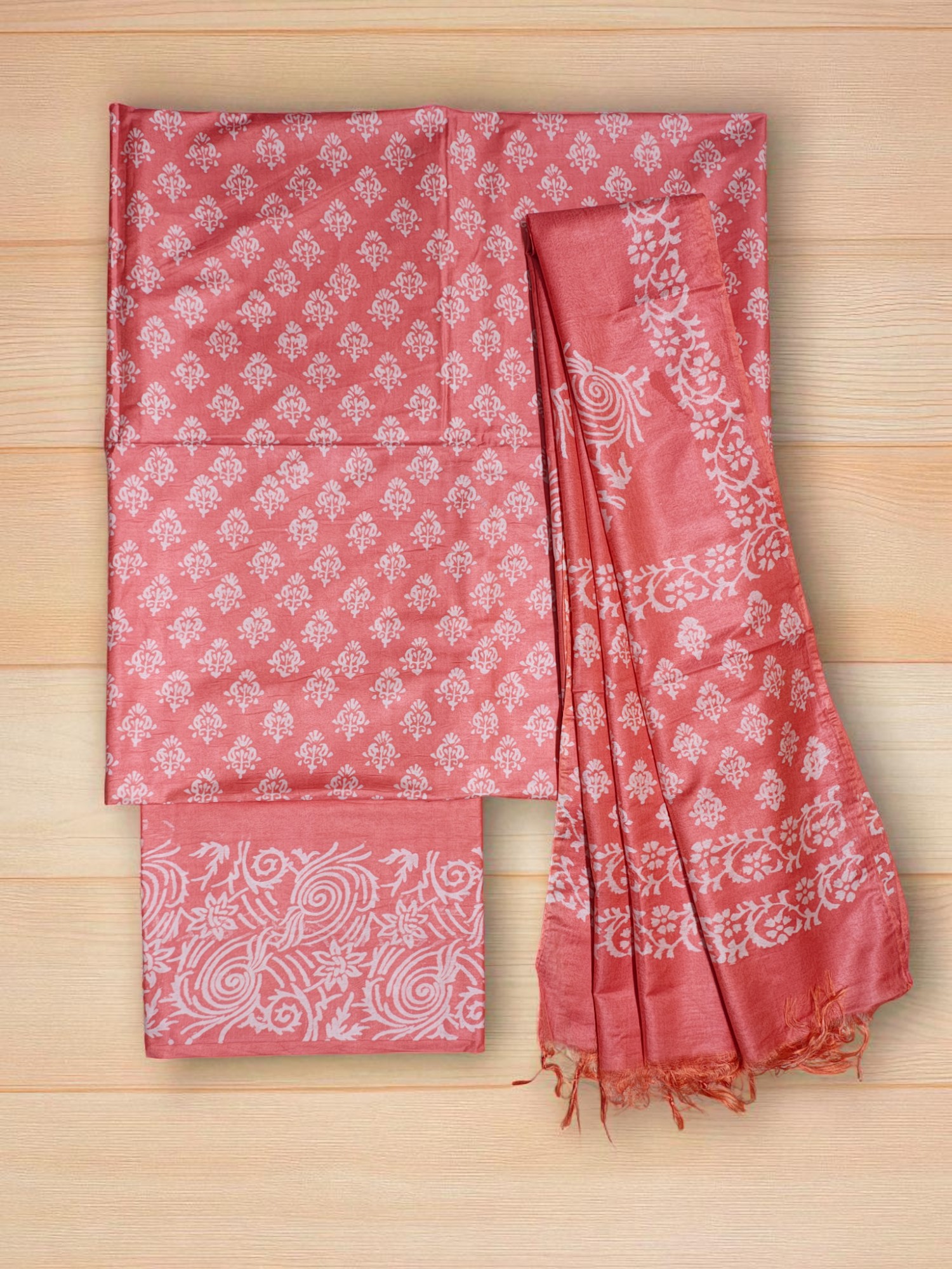 Peach Block Print Silk Dress Material with Dupatta