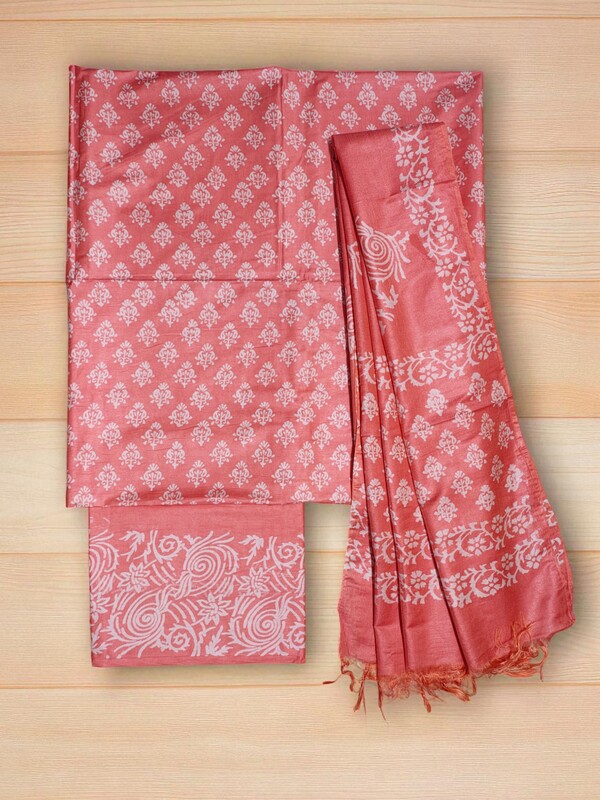 Peach Block Print Silk Dress Material with Dupatta