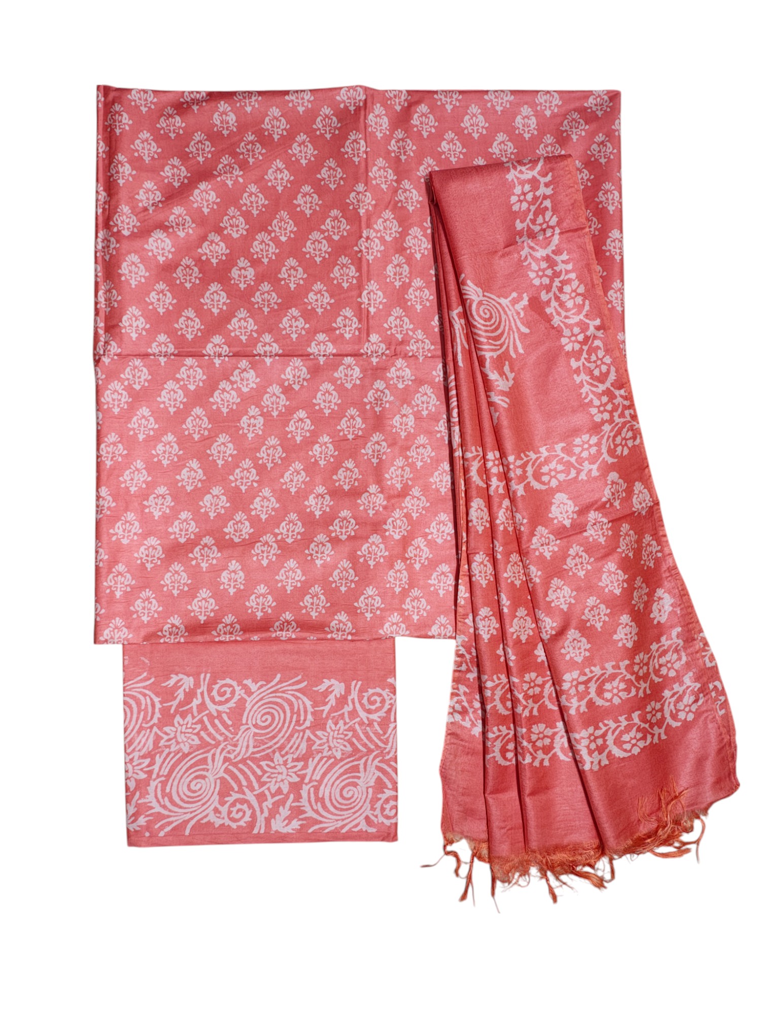 Peach Block Print Silk Dress Material with Dupatta