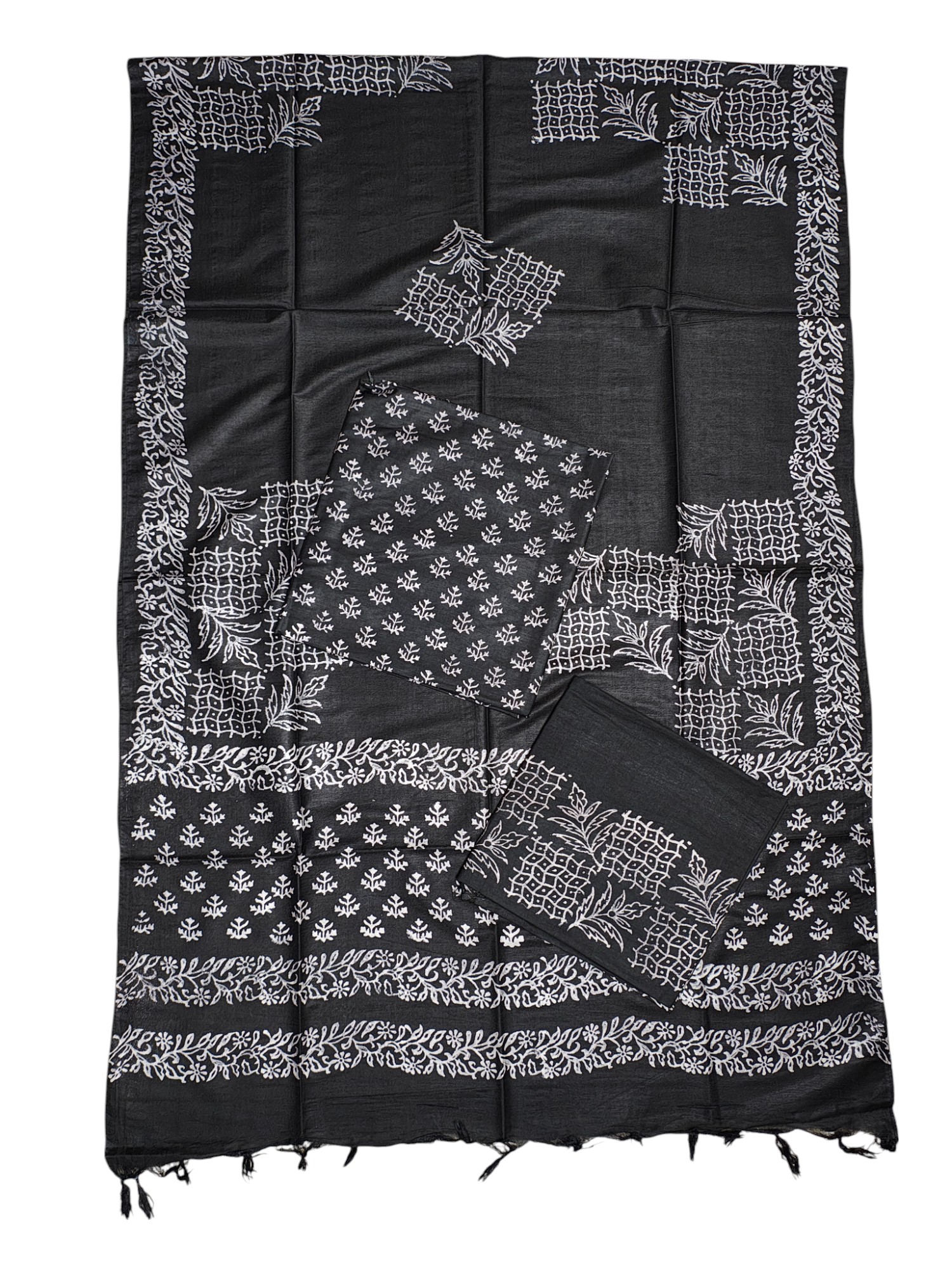 Black Block Print Silk Salwar Suit Set with Dupatta