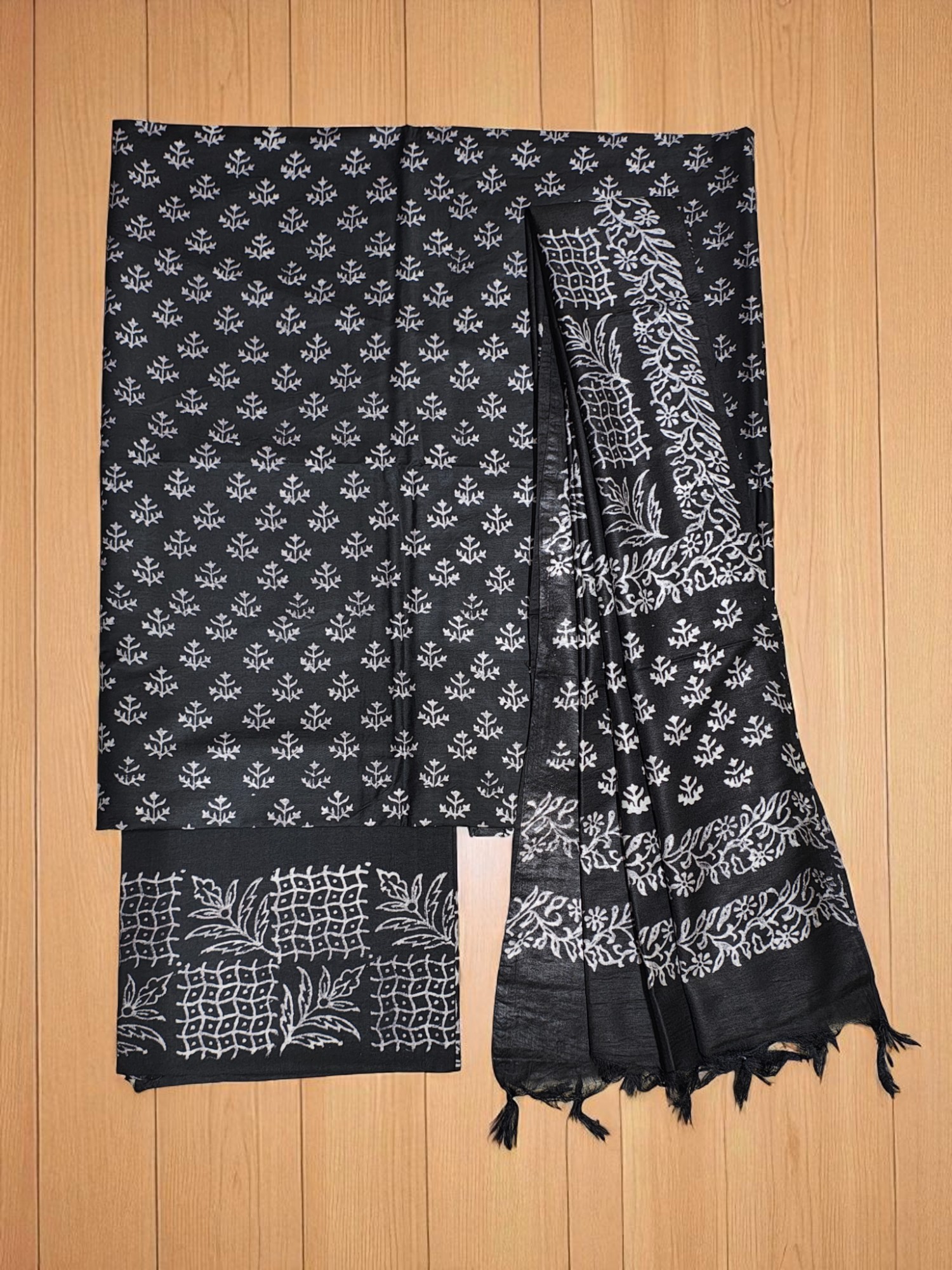Black Block Print Silk Salwar Suit Set with Dupatta