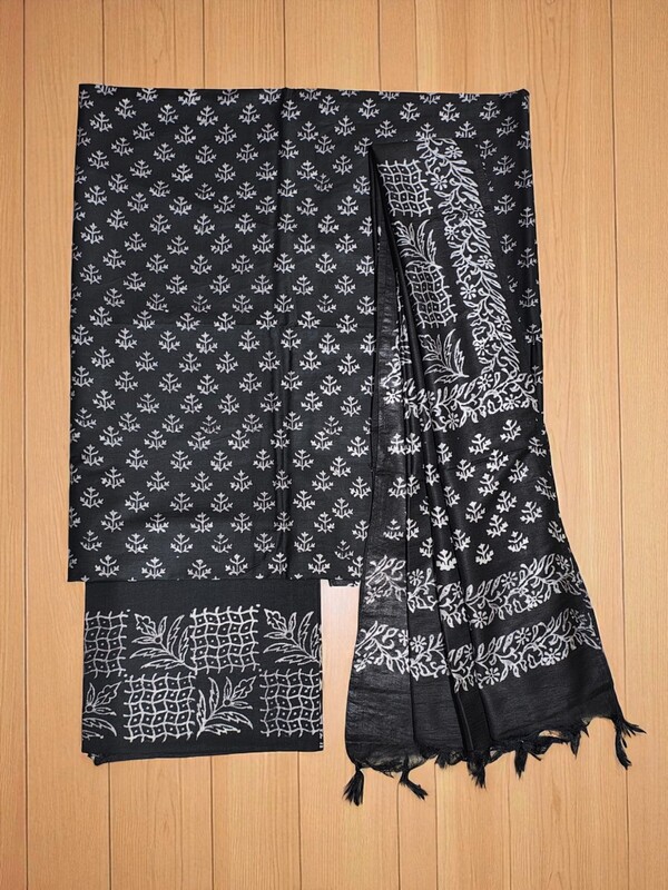 Black Block Print Silk Salwar Suit Set with Dupatta