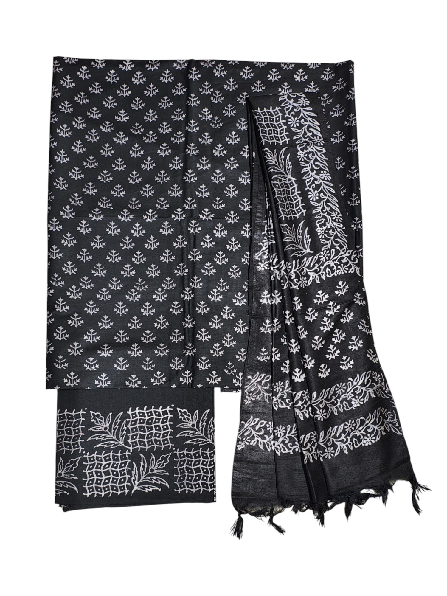 Black Block Print Silk Salwar Suit Set with Dupatta