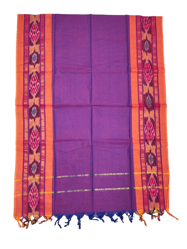Orange & Purple Mangalagiri Cotton Unstitched Salwar Suit with Ikkat Border for Women