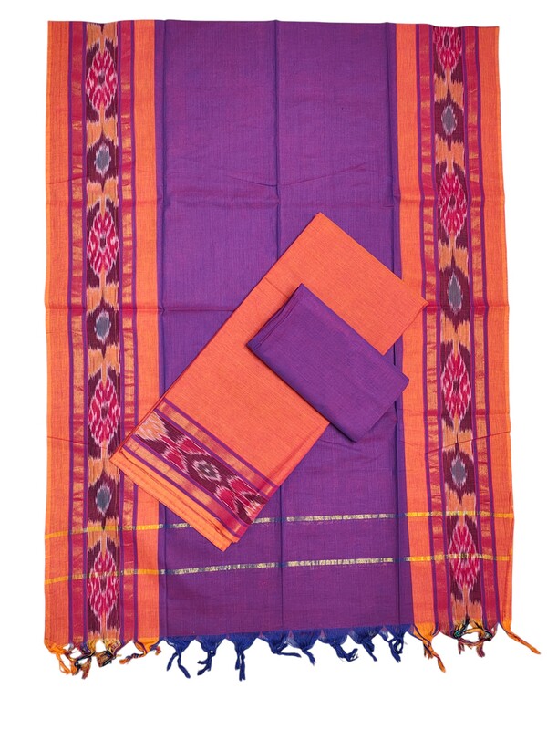 Orange & Purple Mangalagiri Cotton Unstitched Salwar Suit with Ikkat Border for Women