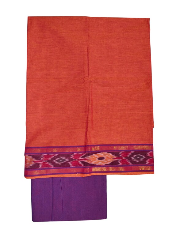 Orange & Purple Mangalagiri Cotton Unstitched Salwar Suit with Ikkat Border for Women