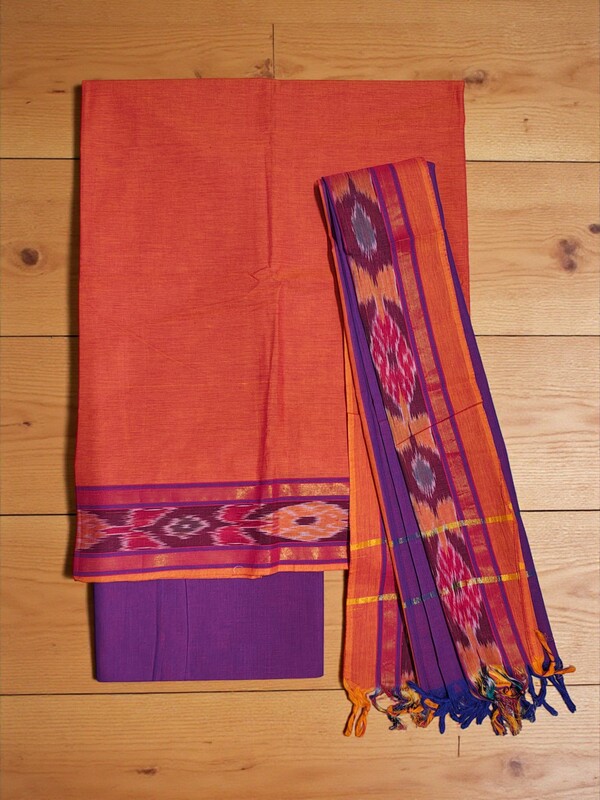 Orange & Purple Mangalagiri Cotton Unstitched Salwar Suit with Ikkat Border for Women