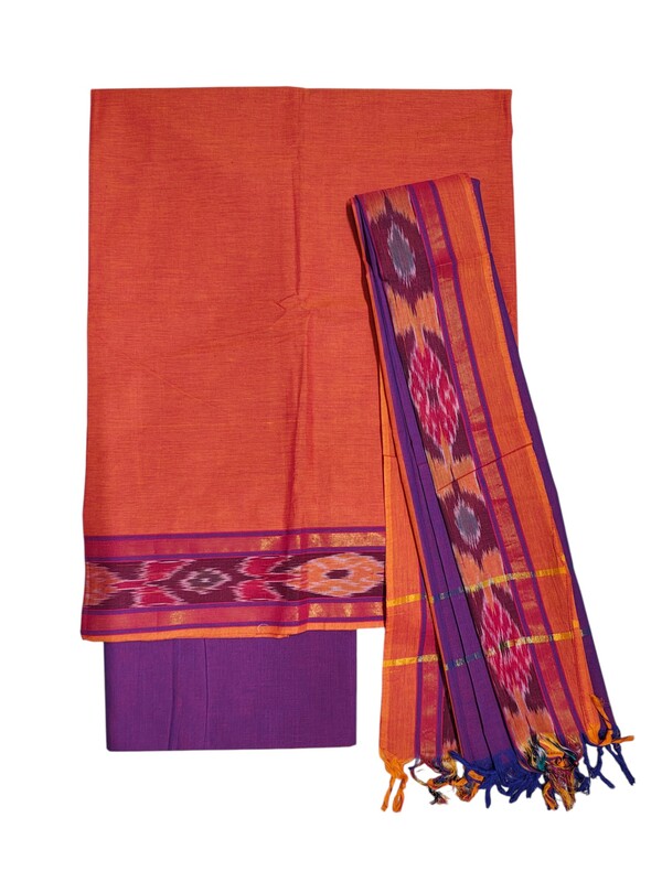 Orange & Purple Mangalagiri Cotton Unstitched Salwar Suit with Ikkat Border for Women