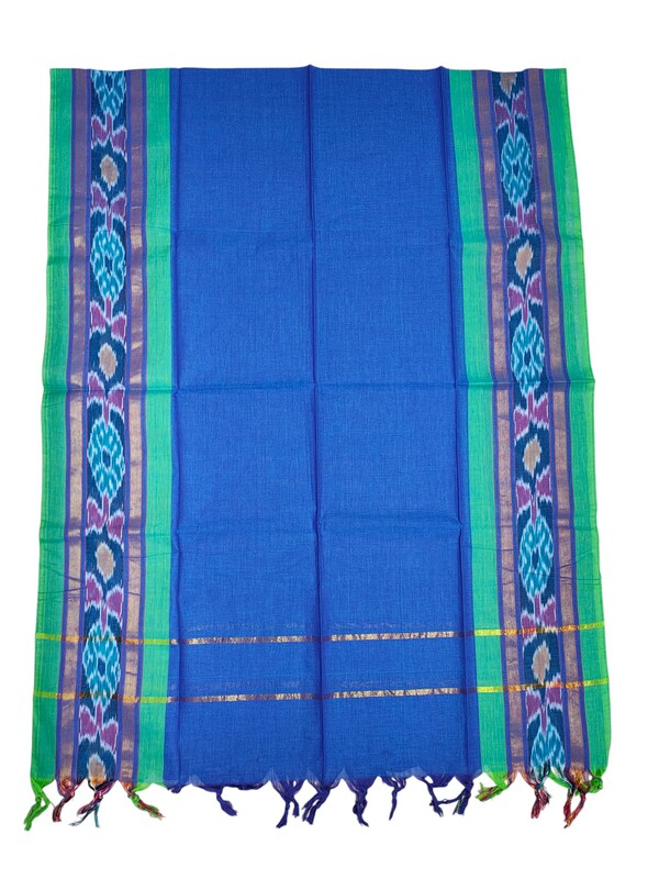 Green & Blue Handloom Mangalagiri Cotton Dress Materials with Ikkat Border