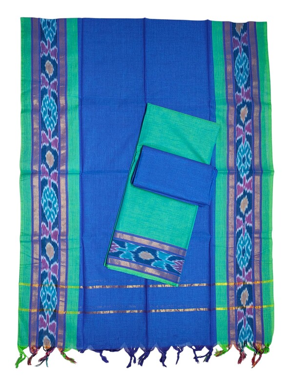 Green & Blue Handloom Mangalagiri Cotton Dress Materials with Ikkat Border
