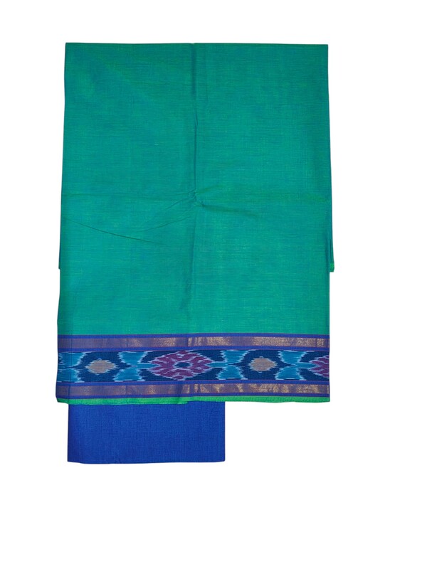 Green & Blue Handloom Mangalagiri Cotton Dress Materials with Ikkat Border