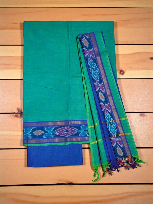 Green & Blue Handloom Mangalagiri Cotton Dress Materials with Ikkat Border
