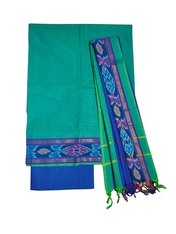 Green & Blue Handloom Mangalagiri Cotton Dress Materials with Ikkat Border