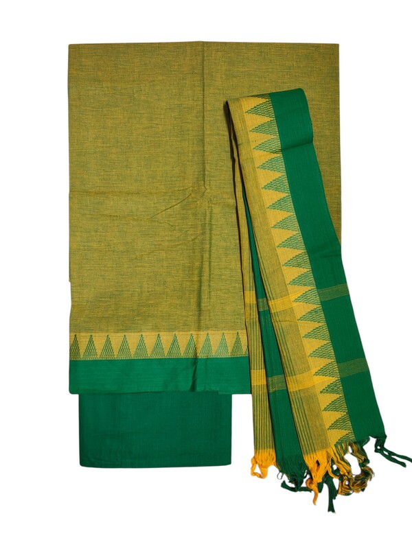 Olive Green Handloom Mangalagiri Cotton Solid Unstitched Salwar Suit Set with Dupatta for Women