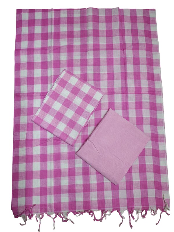 Pink Checks Pure Cotton Unstitched Salwar Suit Set with Dupatta for Women
