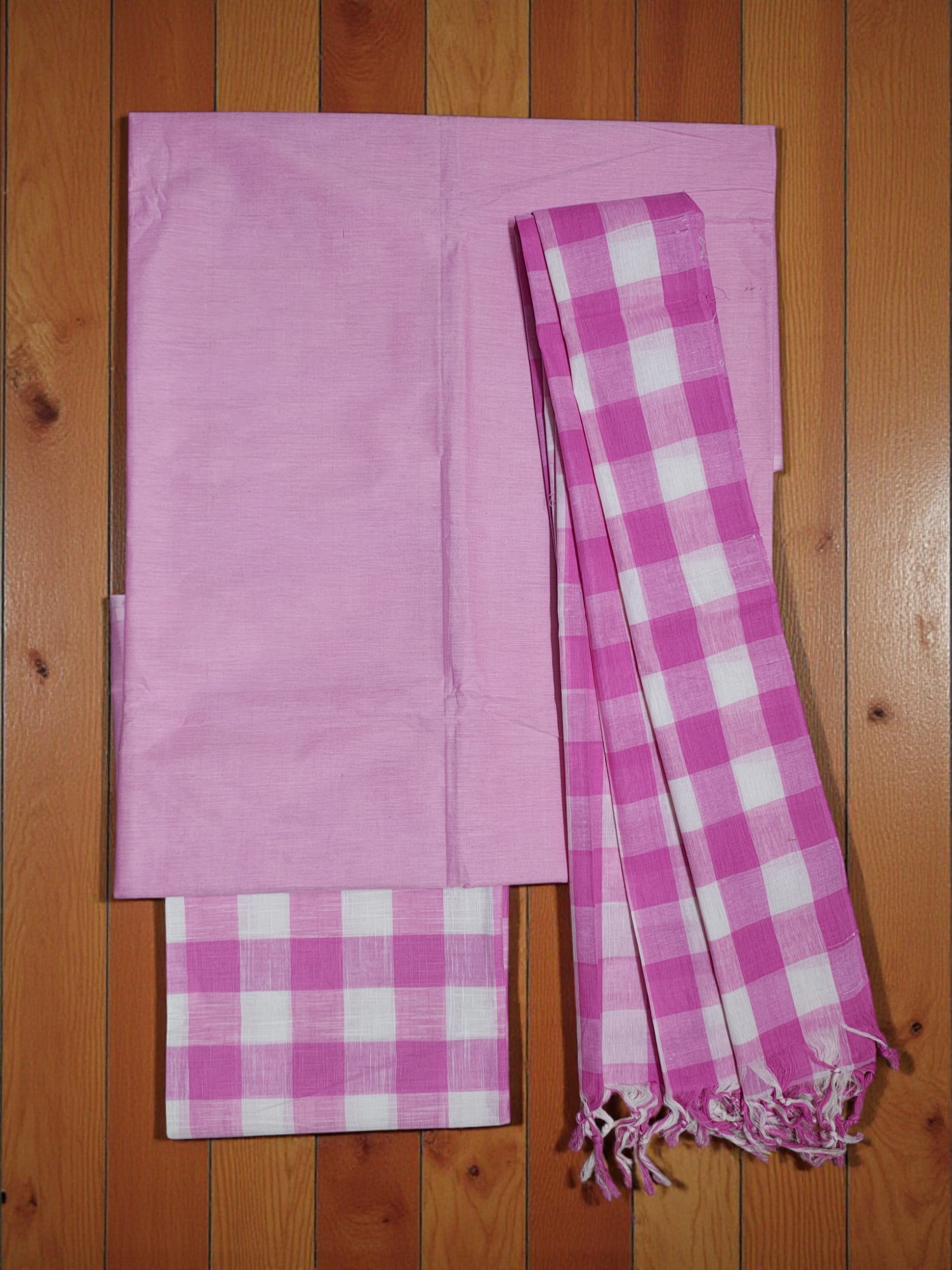Pink Checks Pure Cotton Unstitched Salwar Suit Set with Dupatta for Women