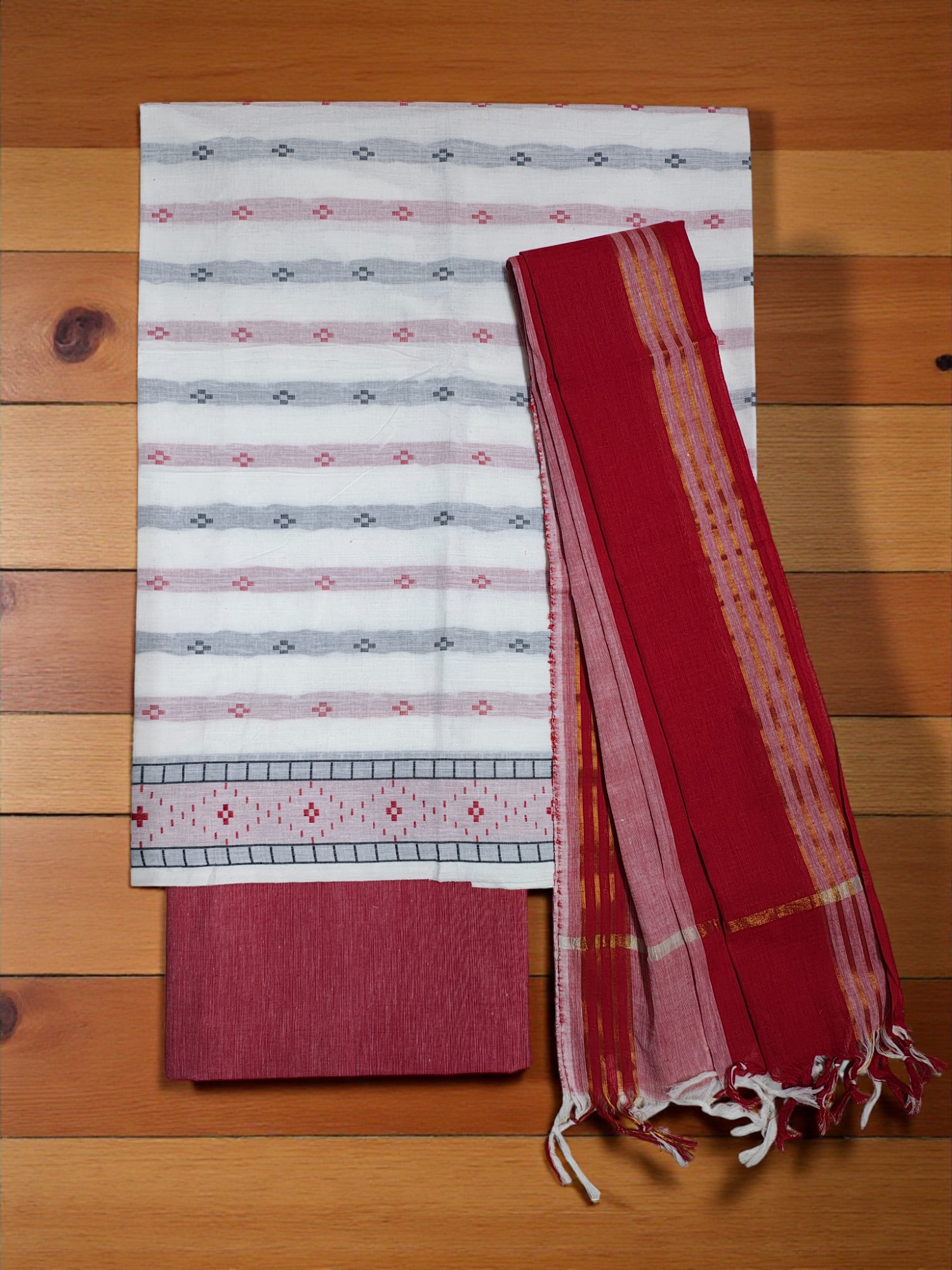 Red & White Mangalagiri Cotton Dress Materials for Women
