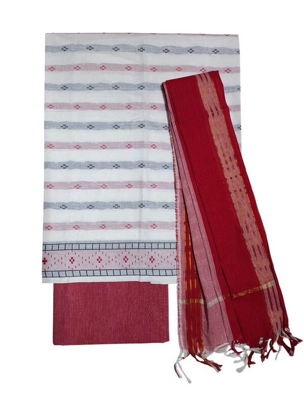 Red & White Mangalagiri Cotton Dress Materials for Women