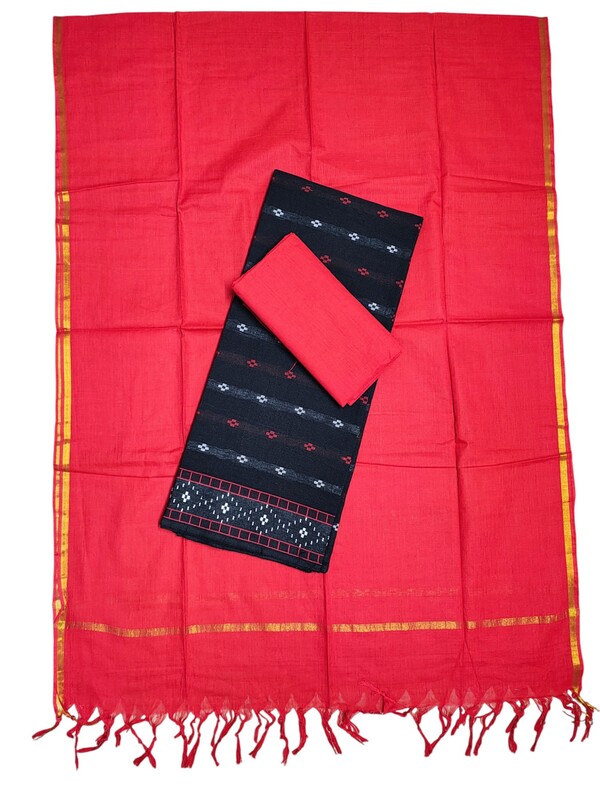 Red & Black Mangalagiri Cotton Dress Materials for Women