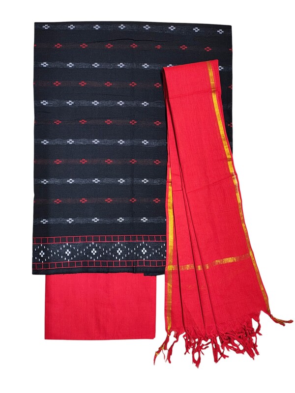 Red & Black Mangalagiri Cotton Dress Materials for Women
