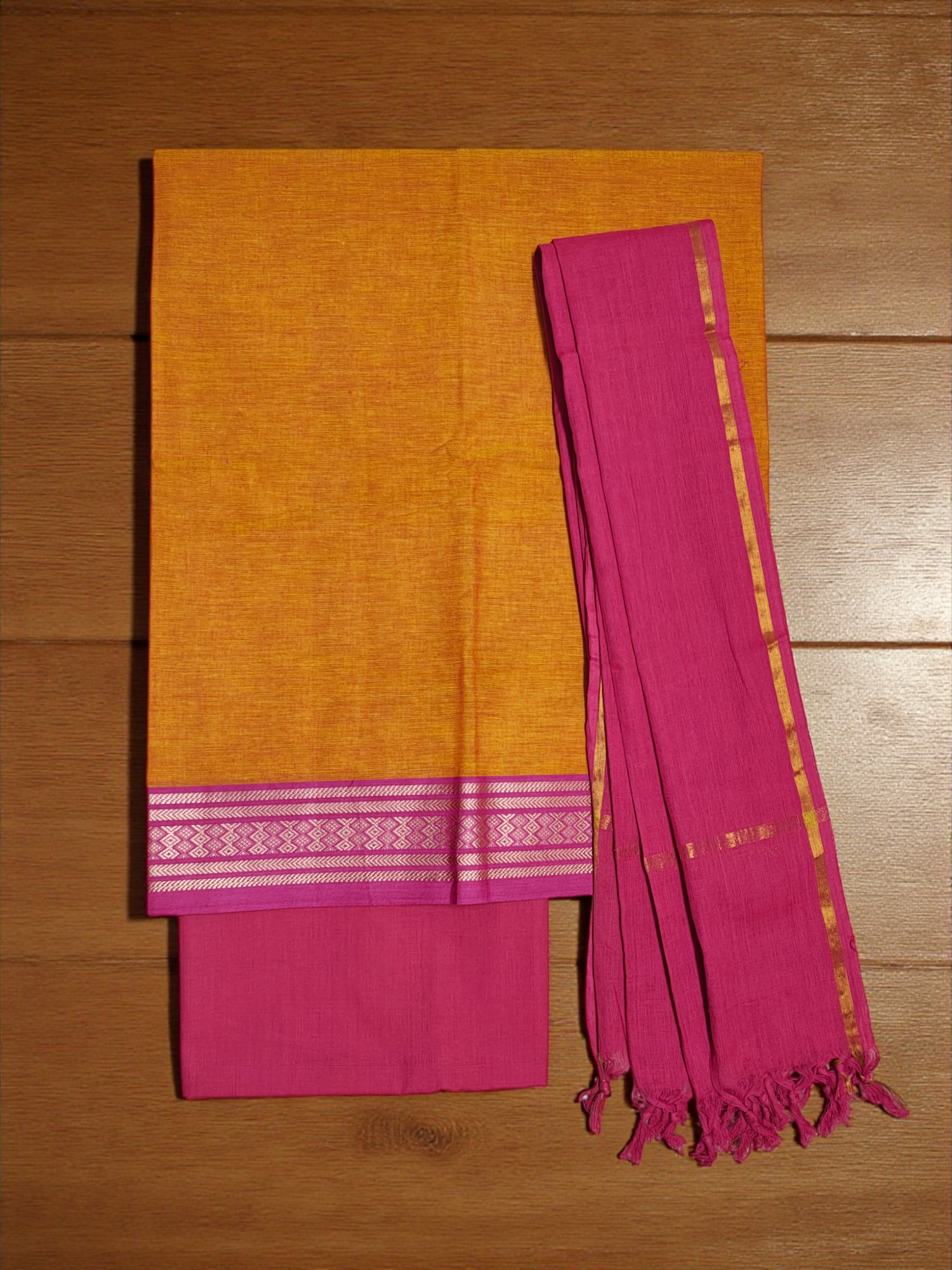 Pink & Orange Handloom Mangalagiri Cotton Unstitched Salwar Suit for Women