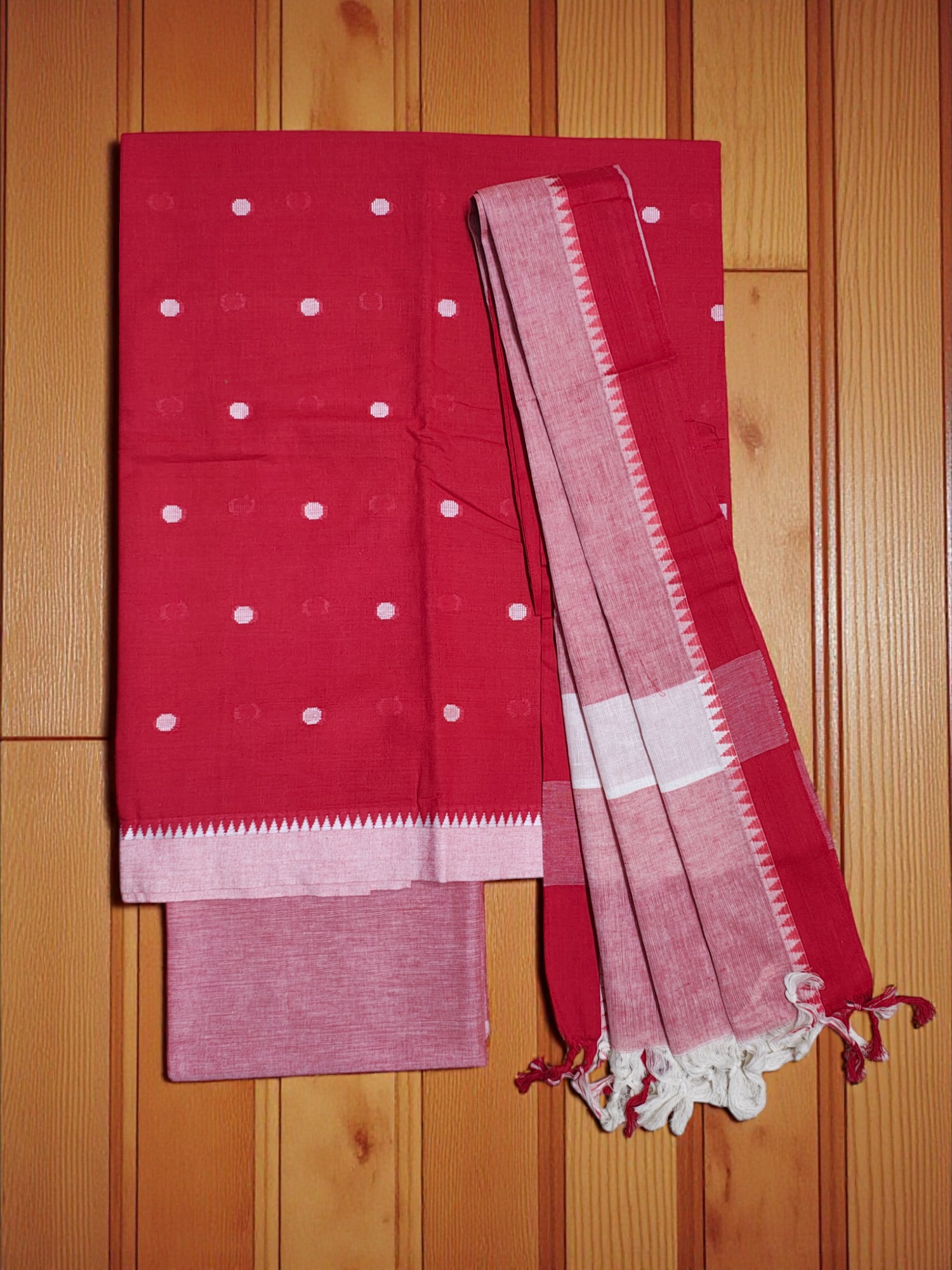 Red Mangalagiri Cotton Dress Materials for Women