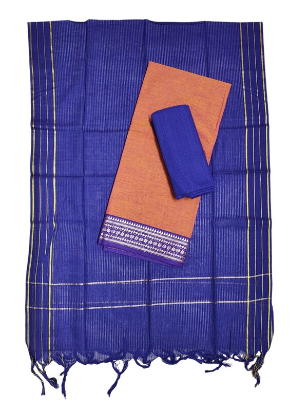 Orange & Blue Mangalagiri Cotton Unstitched Salwar Suit for Women