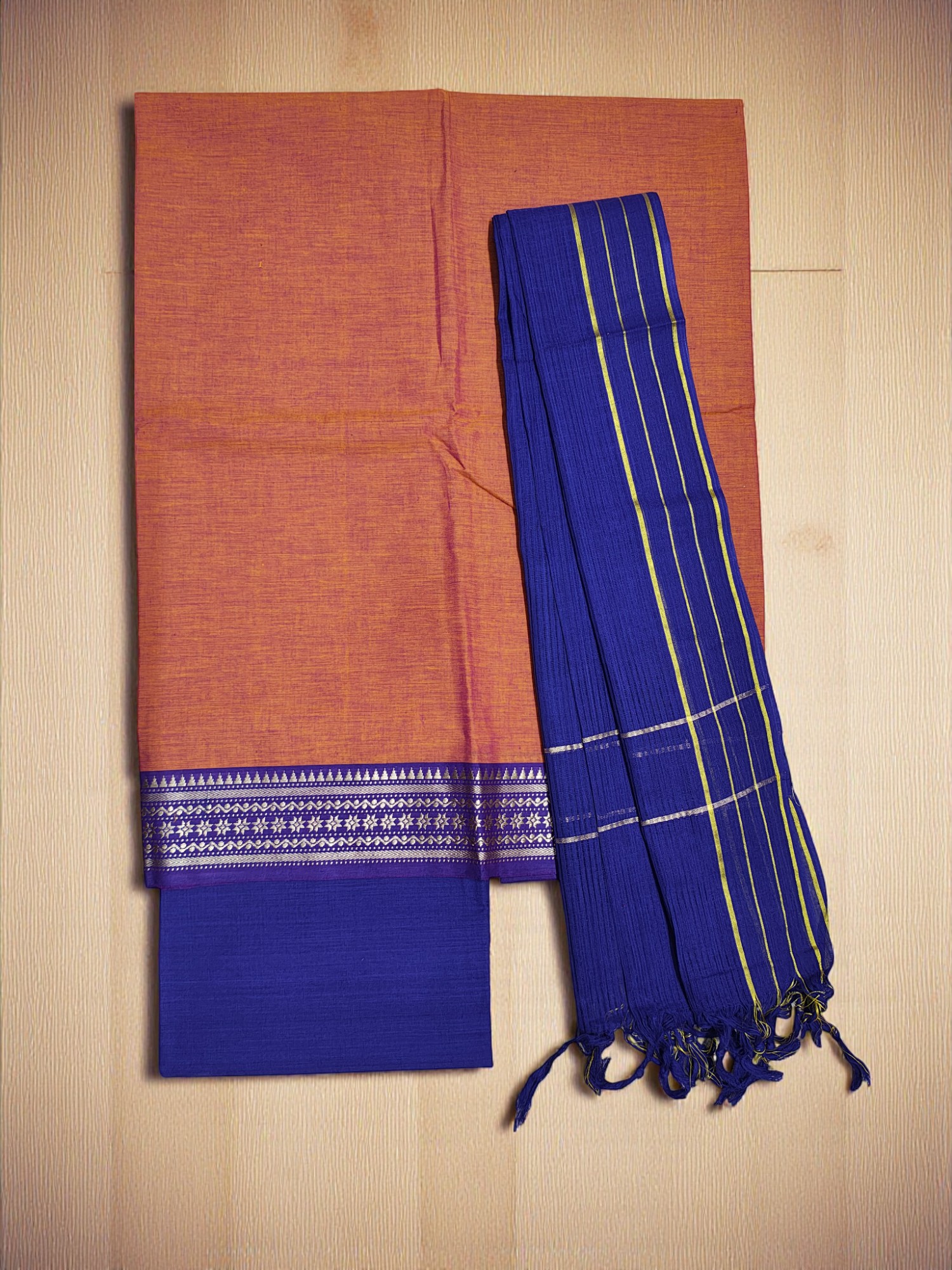 Orange & Blue Mangalagiri Cotton Unstitched Salwar Suit for Women