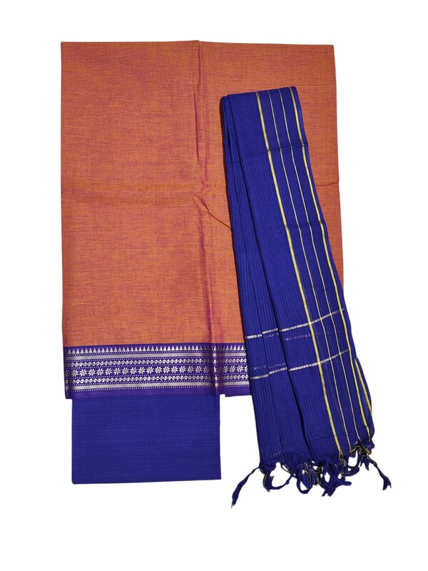 Orange & Blue Mangalagiri Cotton Unstitched Salwar Suit for Women