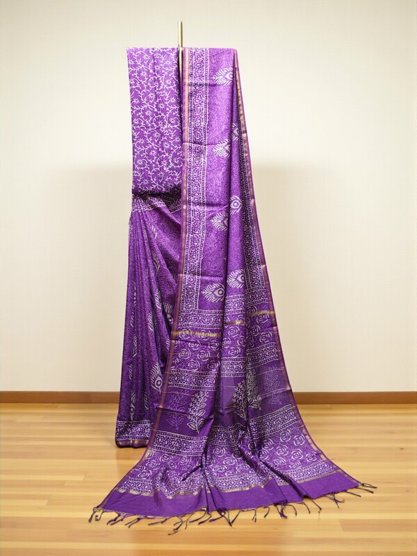 Purple Chanderi Silk Block Print Saree for Women