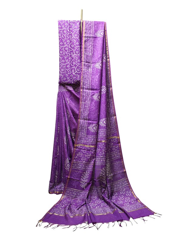 Purple Chanderi Silk Block Print Saree for Women