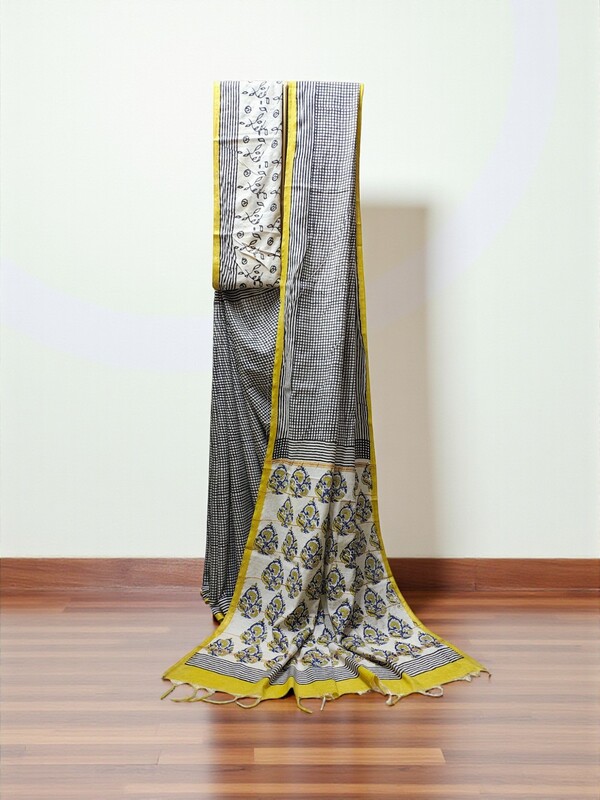 Black Chanderi Silk Block Print Saree for Women