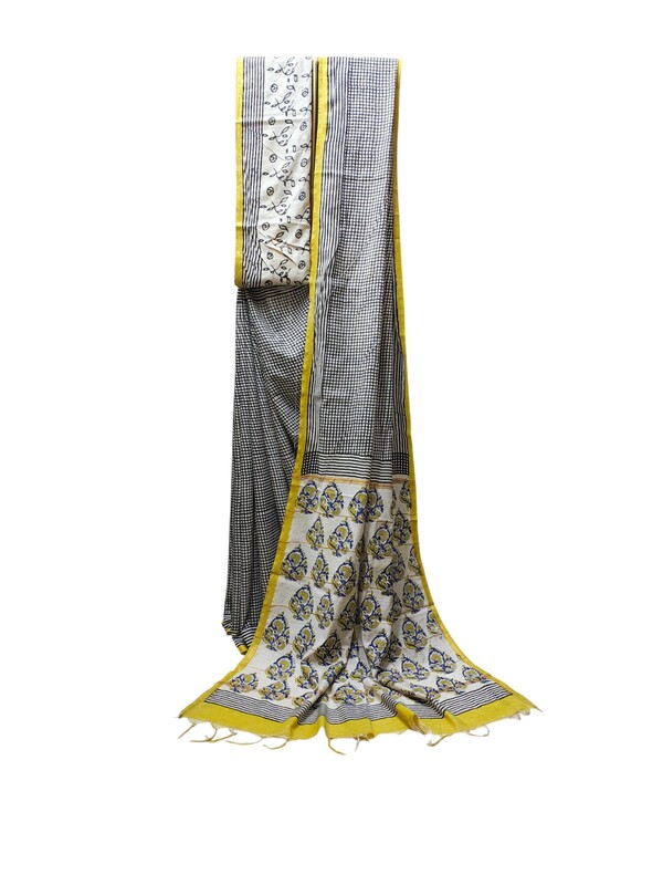 Black Chanderi Silk Block Print Saree for Women