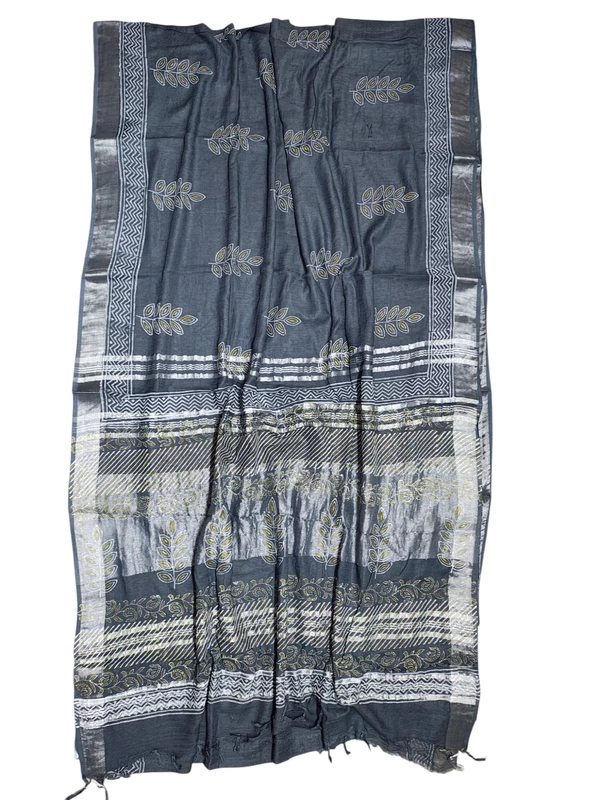 Grey Hand Block Print Linen Saree for Women