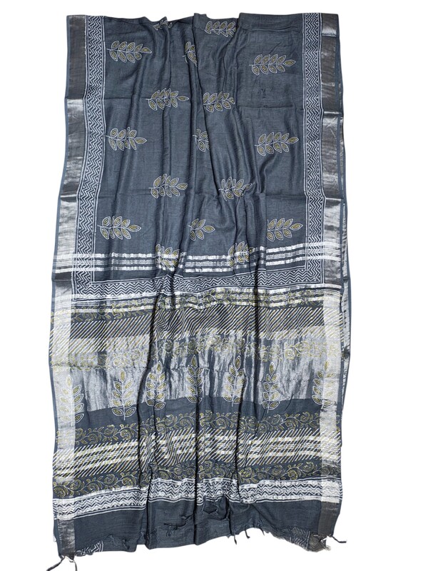 Grey Hand Block Print Linen Saree for Women
