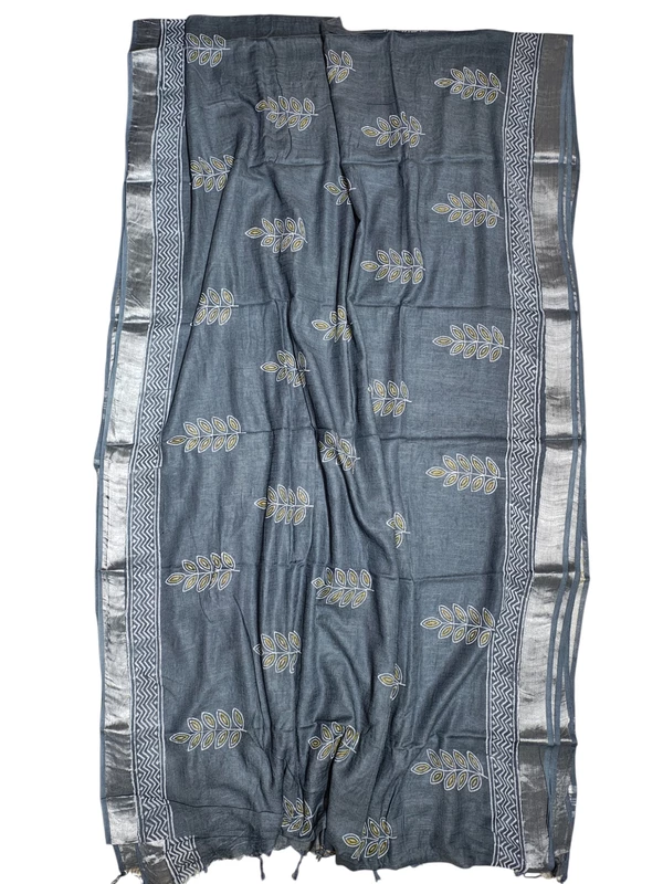 Grey Hand Block Print Linen Saree for Women