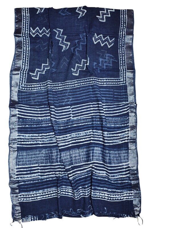 Indigo Hand Block Print Linen Saree for Women
