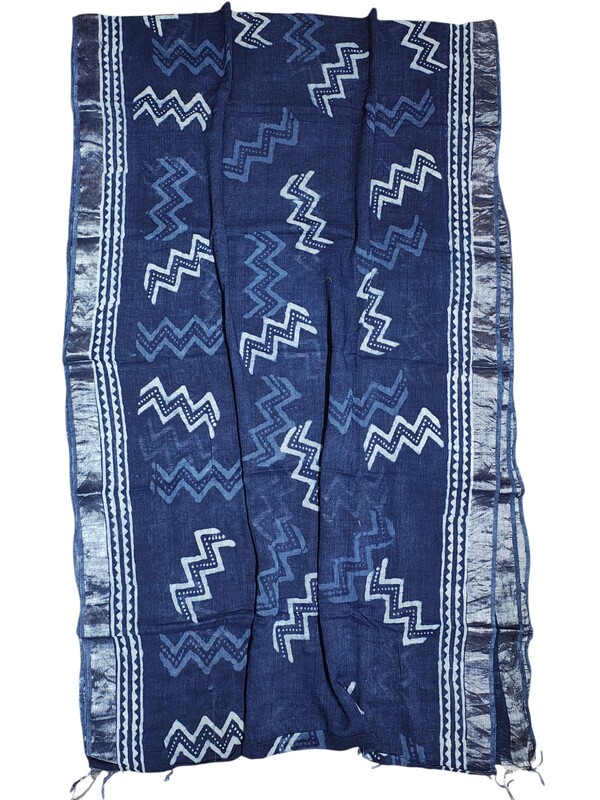 Indigo Hand Block Print Linen Saree for Women