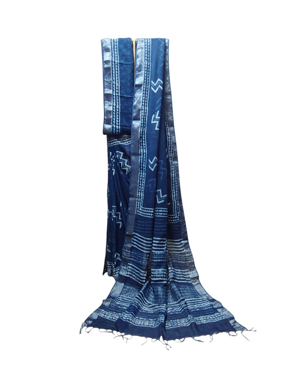Indigo Hand Block Print Linen Saree for Women