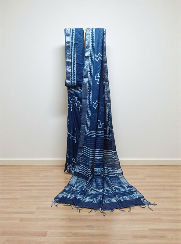 Indigo Hand Block Print Linen Saree for Women