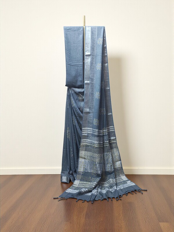 Grey Hand Block Print Linen Saree for Women