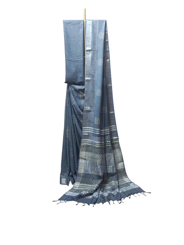 Grey Hand Block Print Linen Saree for Women