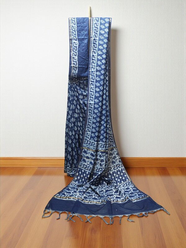 Indigo Dabu Chanderi Silk Saree for Women
