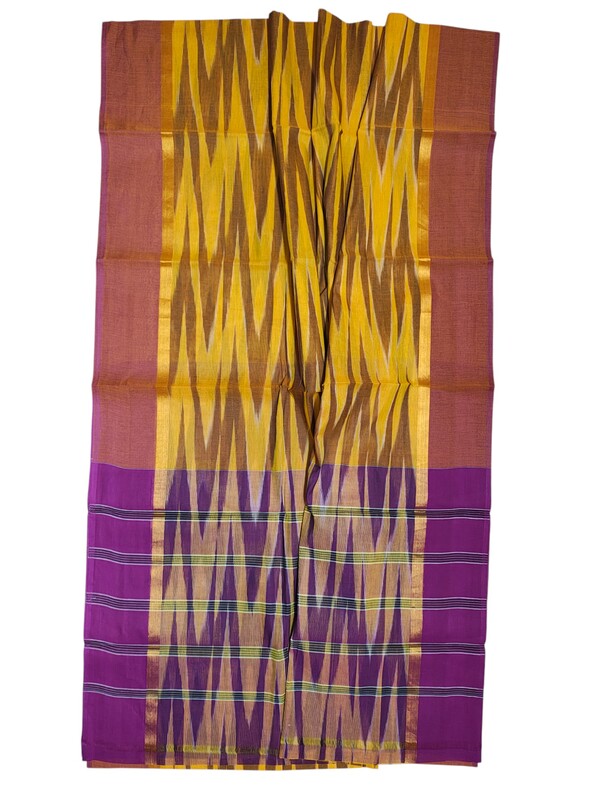 Mustard Pochampally Ikkat Cotton Saree with Unstitched Blouse