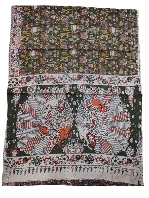 Olive Green Kalamkari Cotton Saree with Blouse Piece